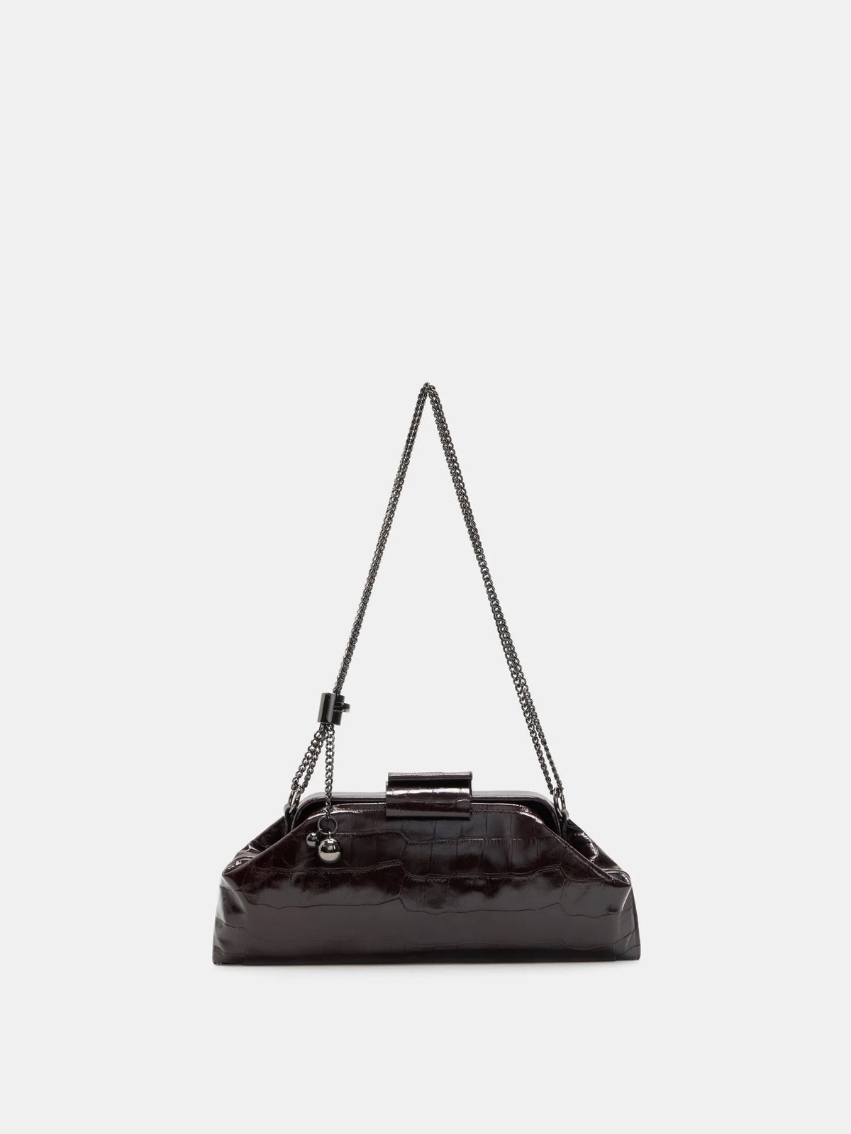 Burgundy Croc cowhide chain baguette bag front view with adjustable chain strap and spherical chain ends