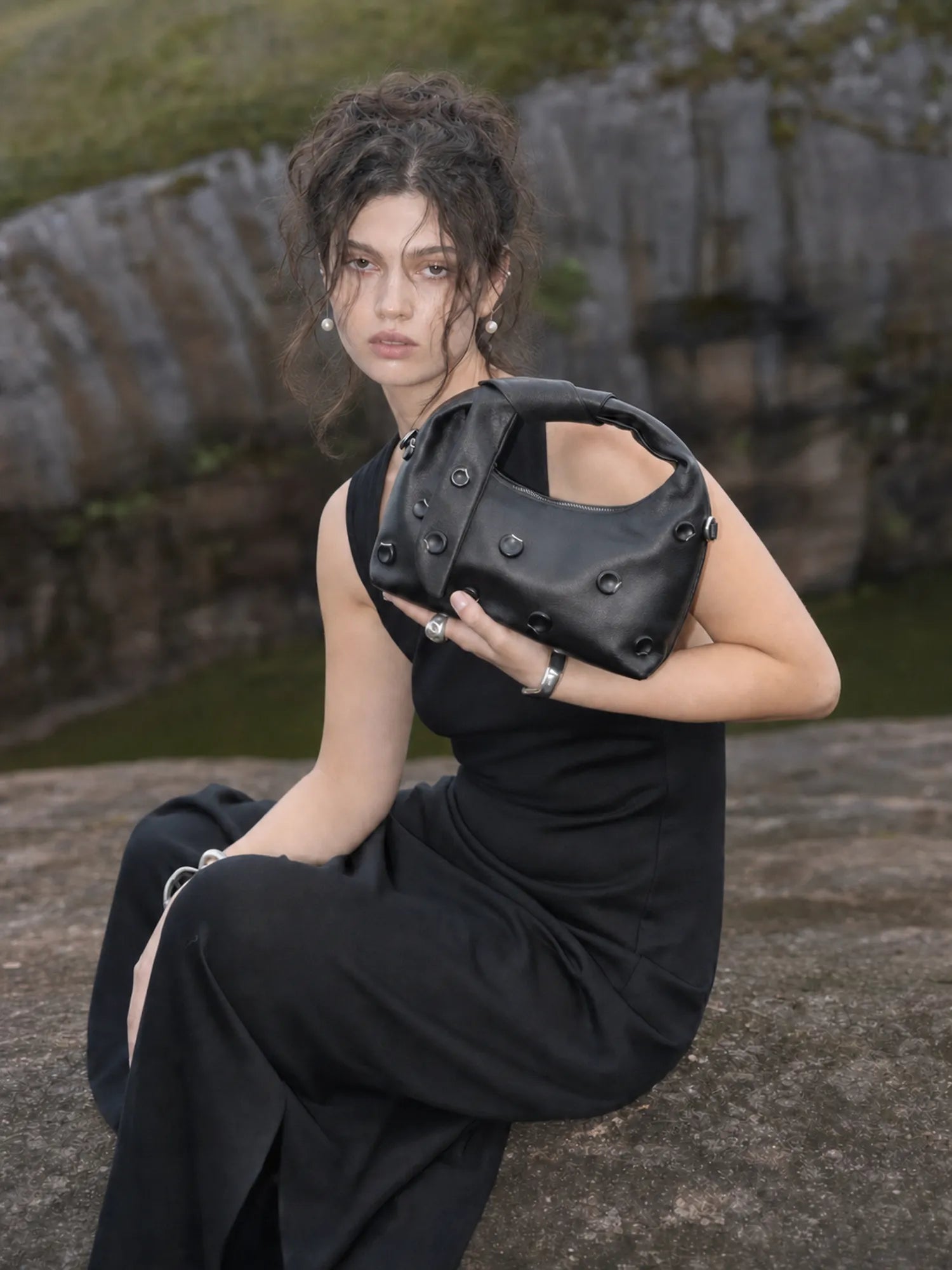 The Orbit Studded Knot Top Handle Bag - Shadow Black