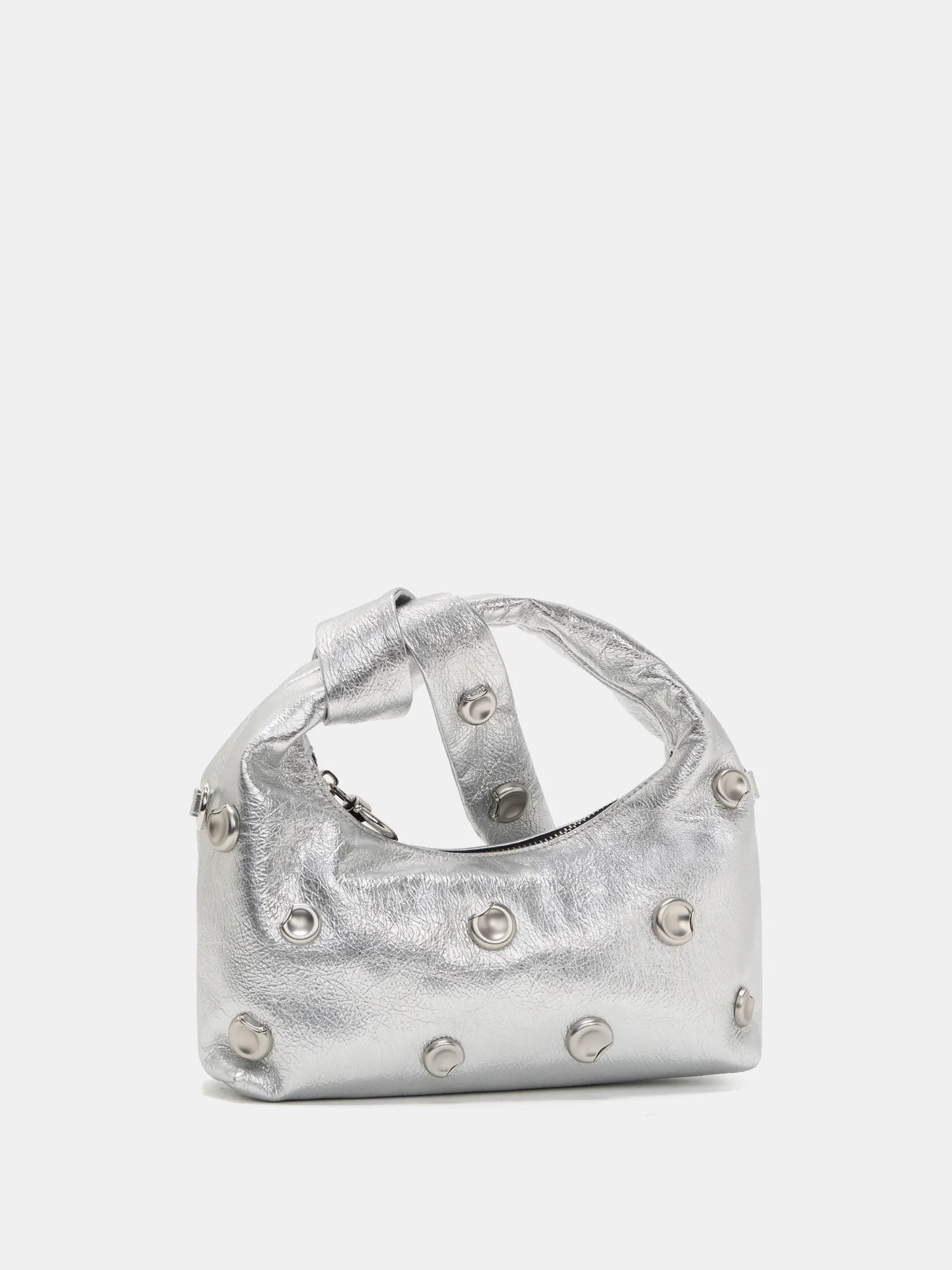 The Orbit Studded Knot Top Handle Bag - Liquid Silver