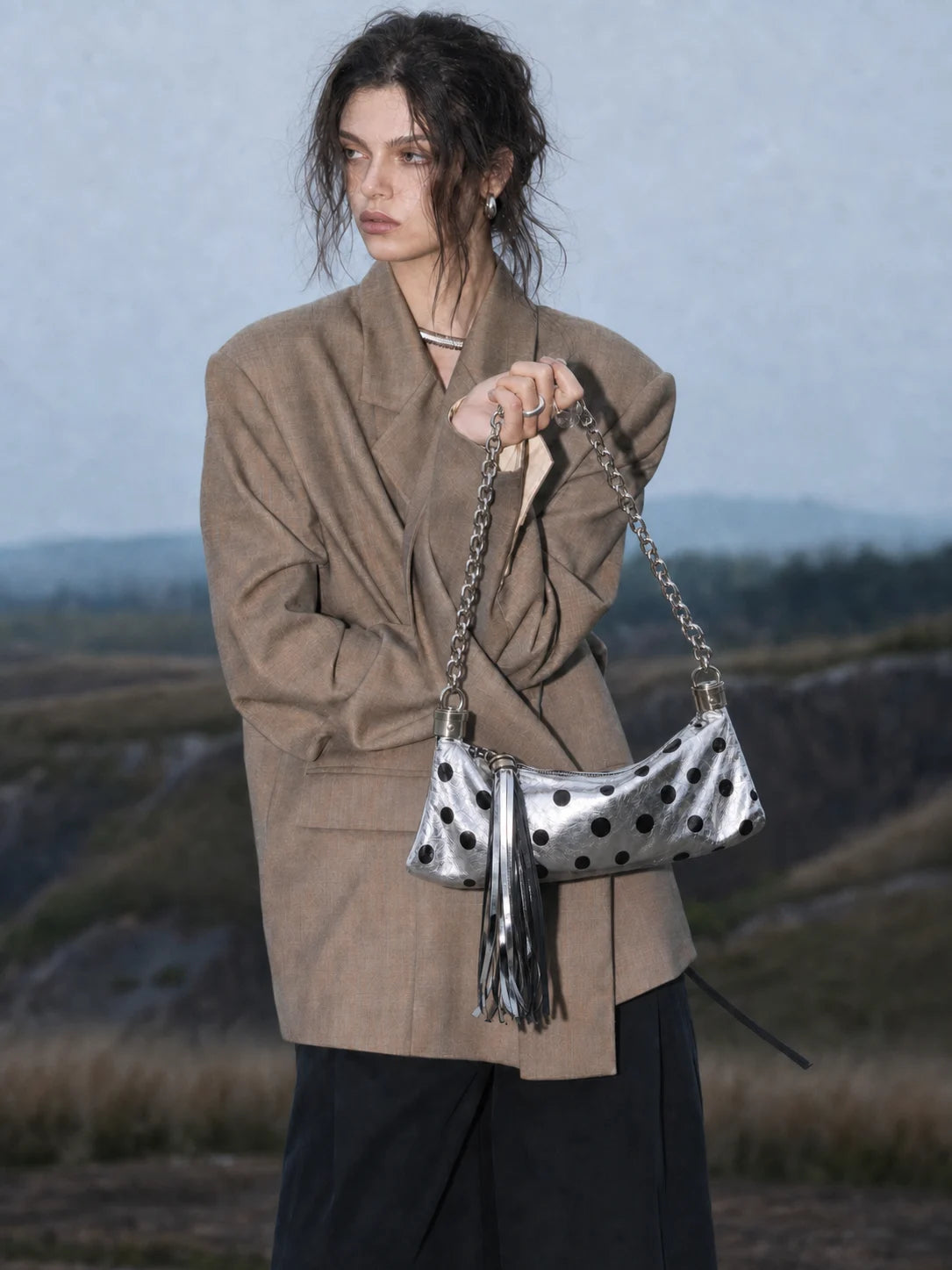 The Pulse Tassel Chain Bag - Silver Polka Dot