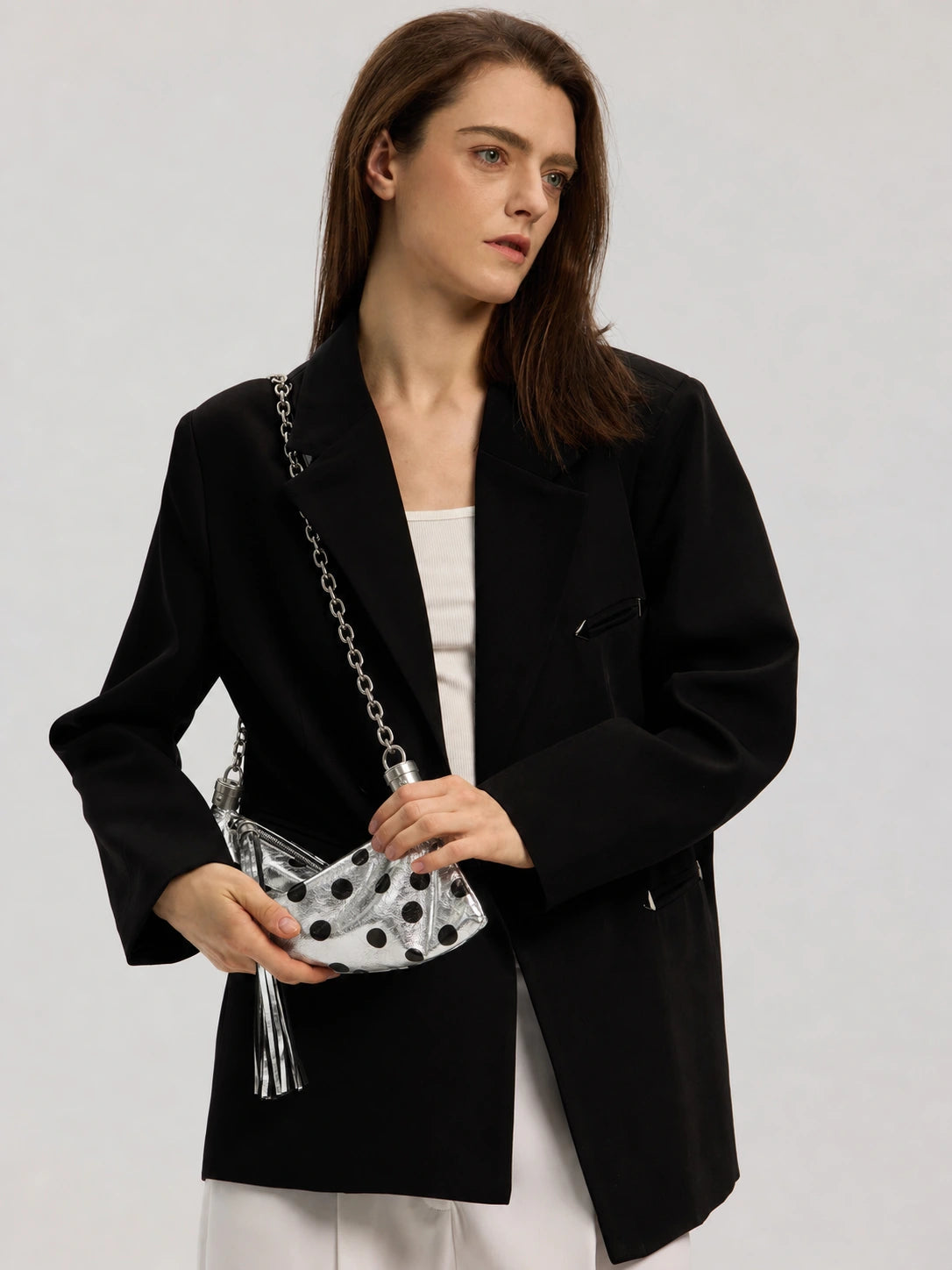 The Pulse Tassel Chain Bag - Silver Polka Dot