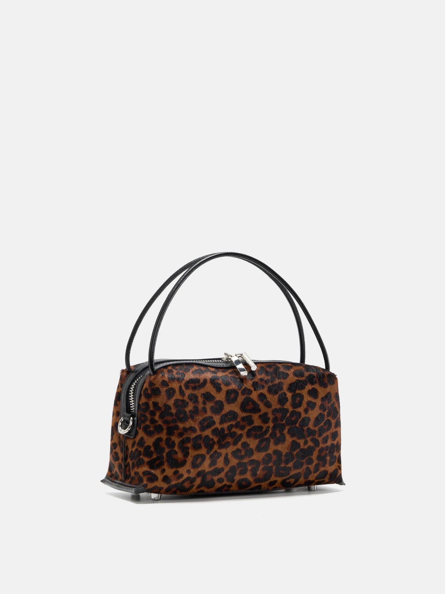 Burnished leopard hair-on box bag angled front view