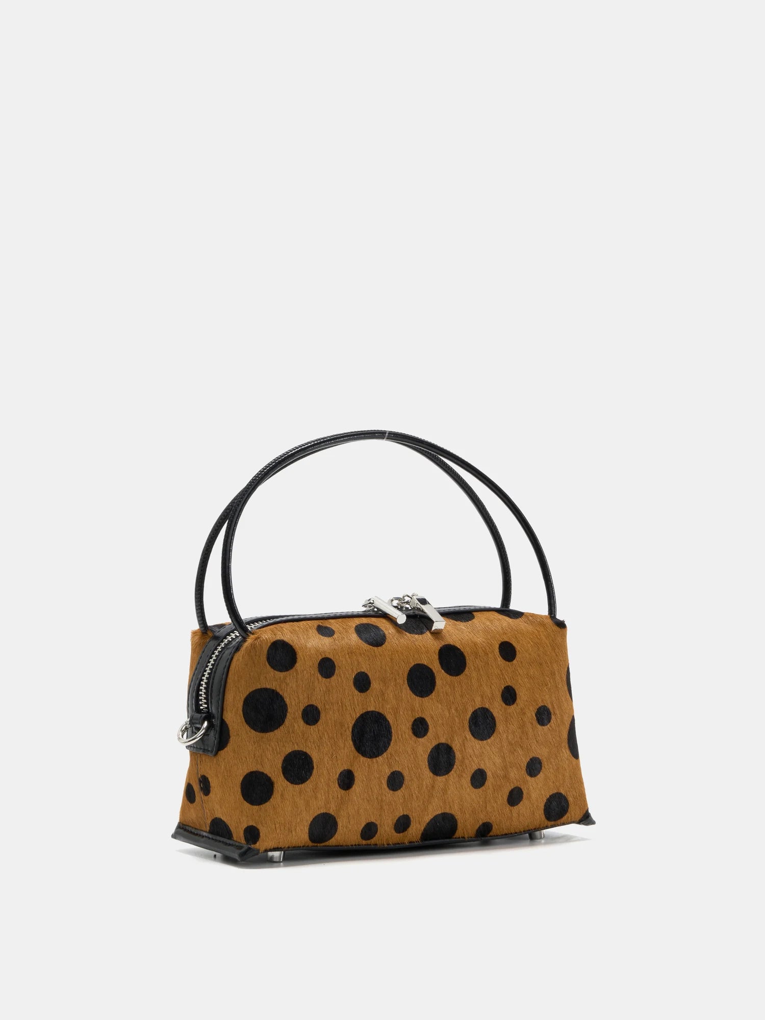 Toffee polka-dot hair-on box bag angled front view