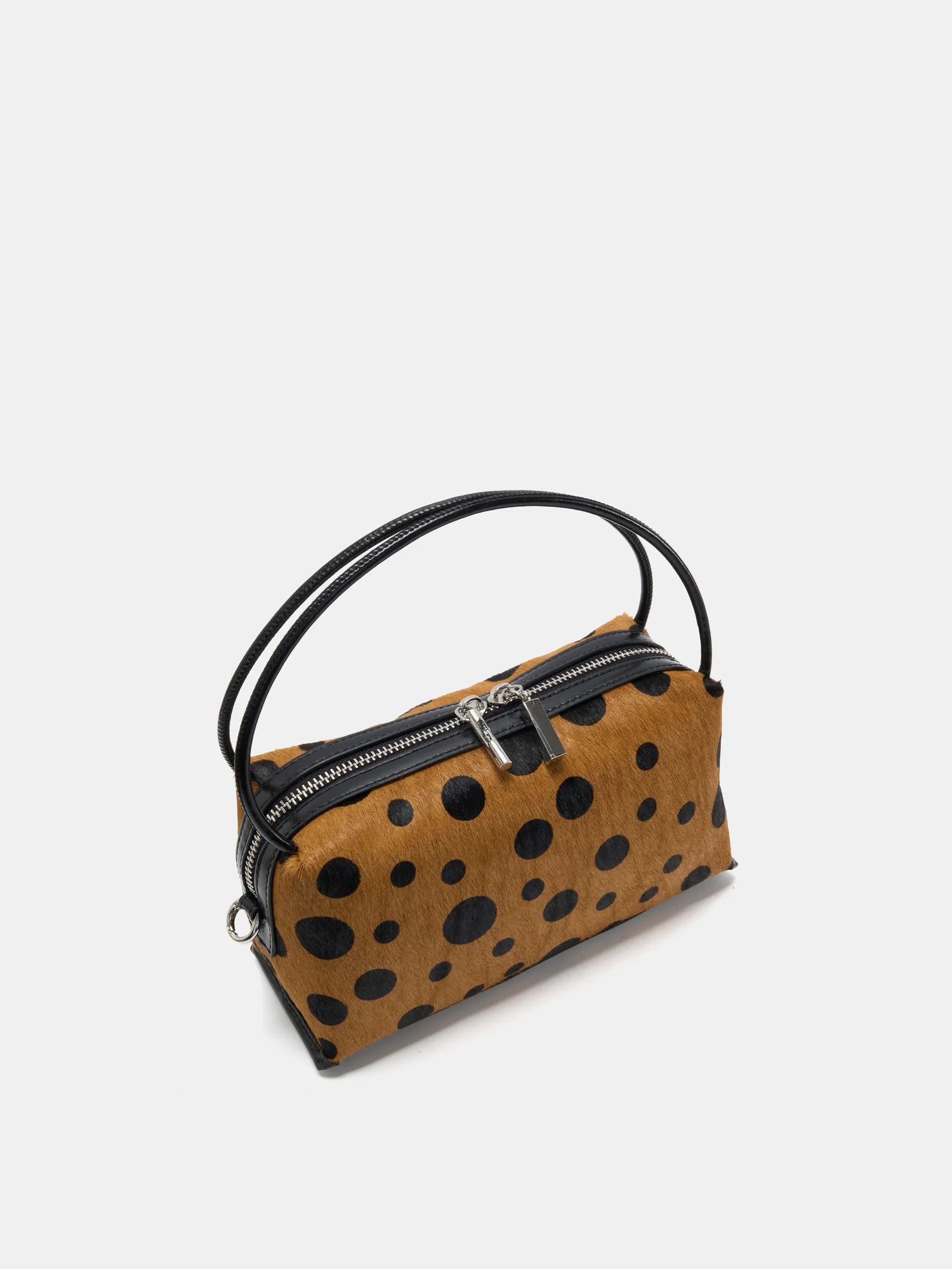 Toffee polka-dot box bag elevated angled view with zipper