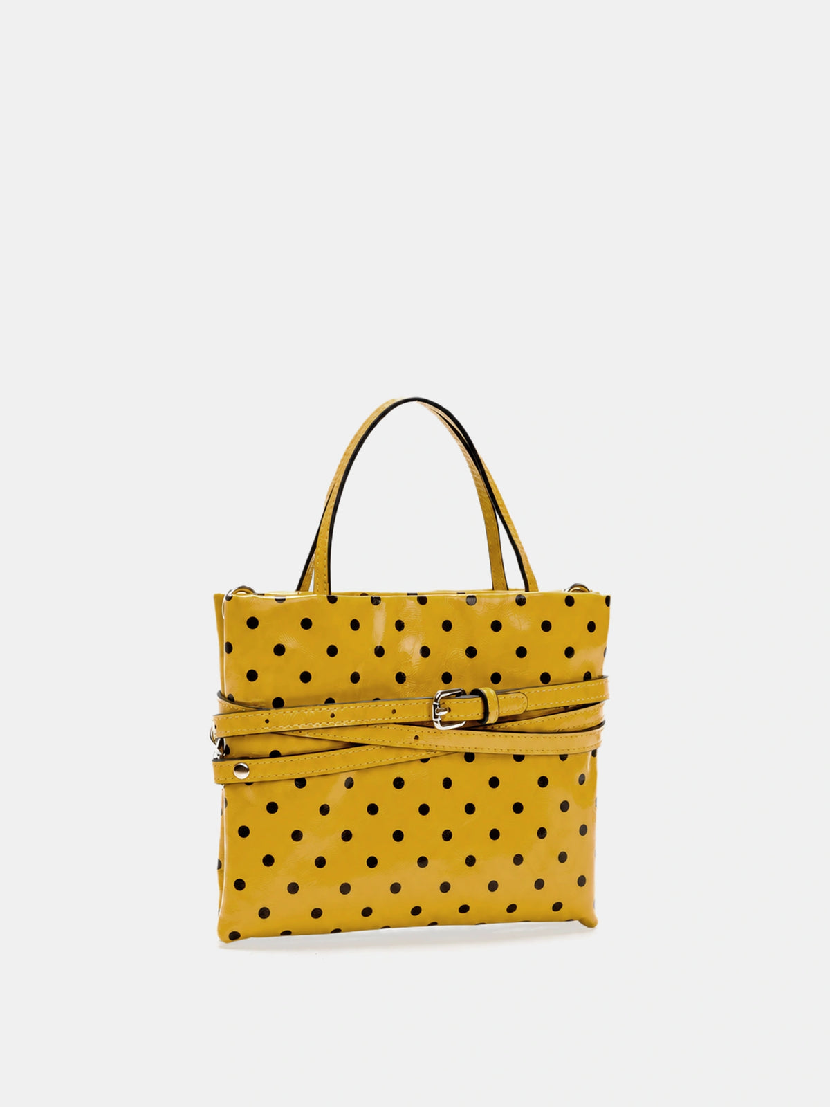 Small yellow polka-dot square bag three-quarter front view with top handles
