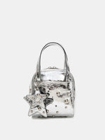 Metallic silver studded cube bag front view with layered star charms