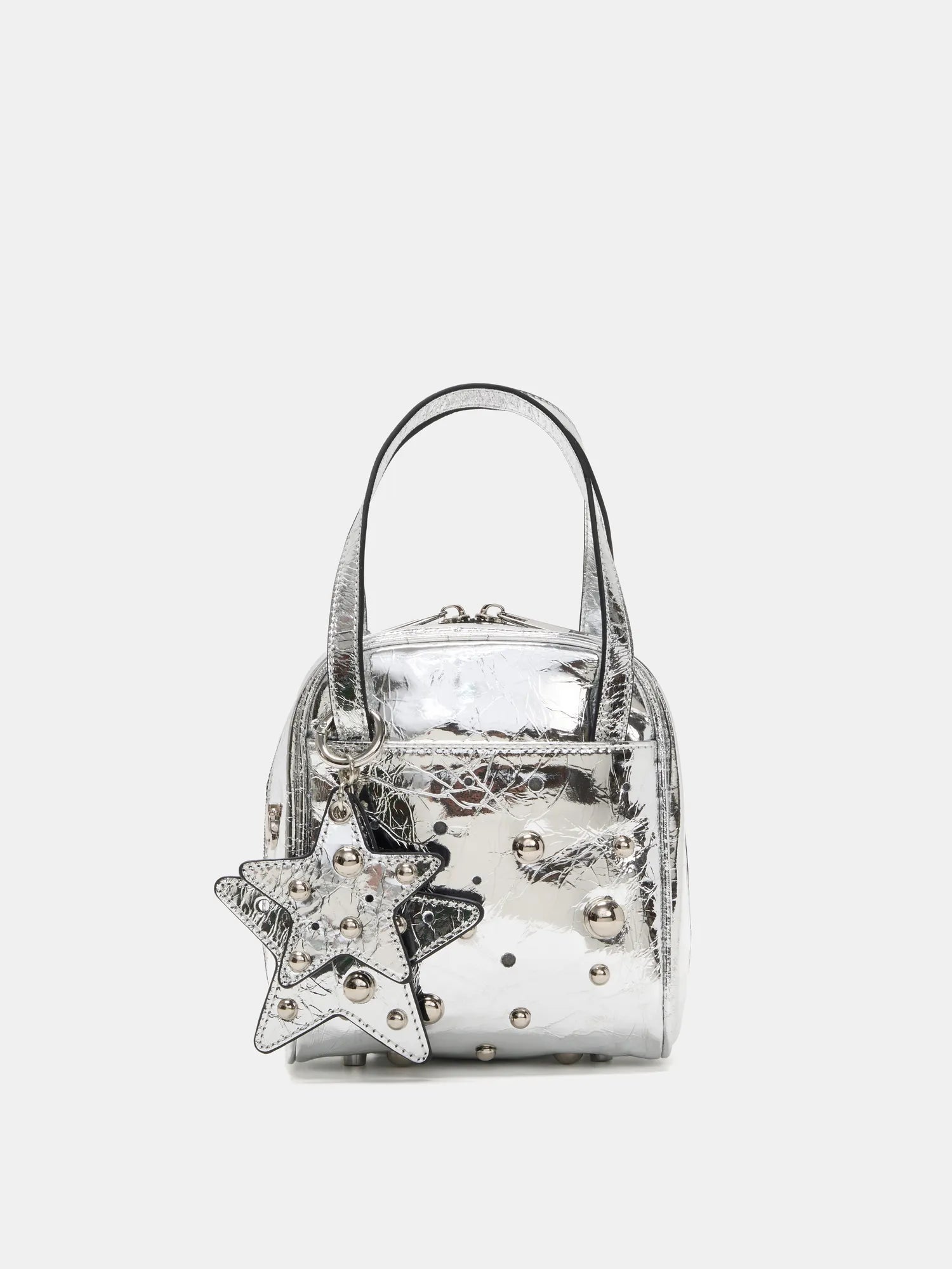 Metallic silver studded cube bag front view with layered star charms
