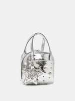 Metallic silver studded cube bag three-quarter side view