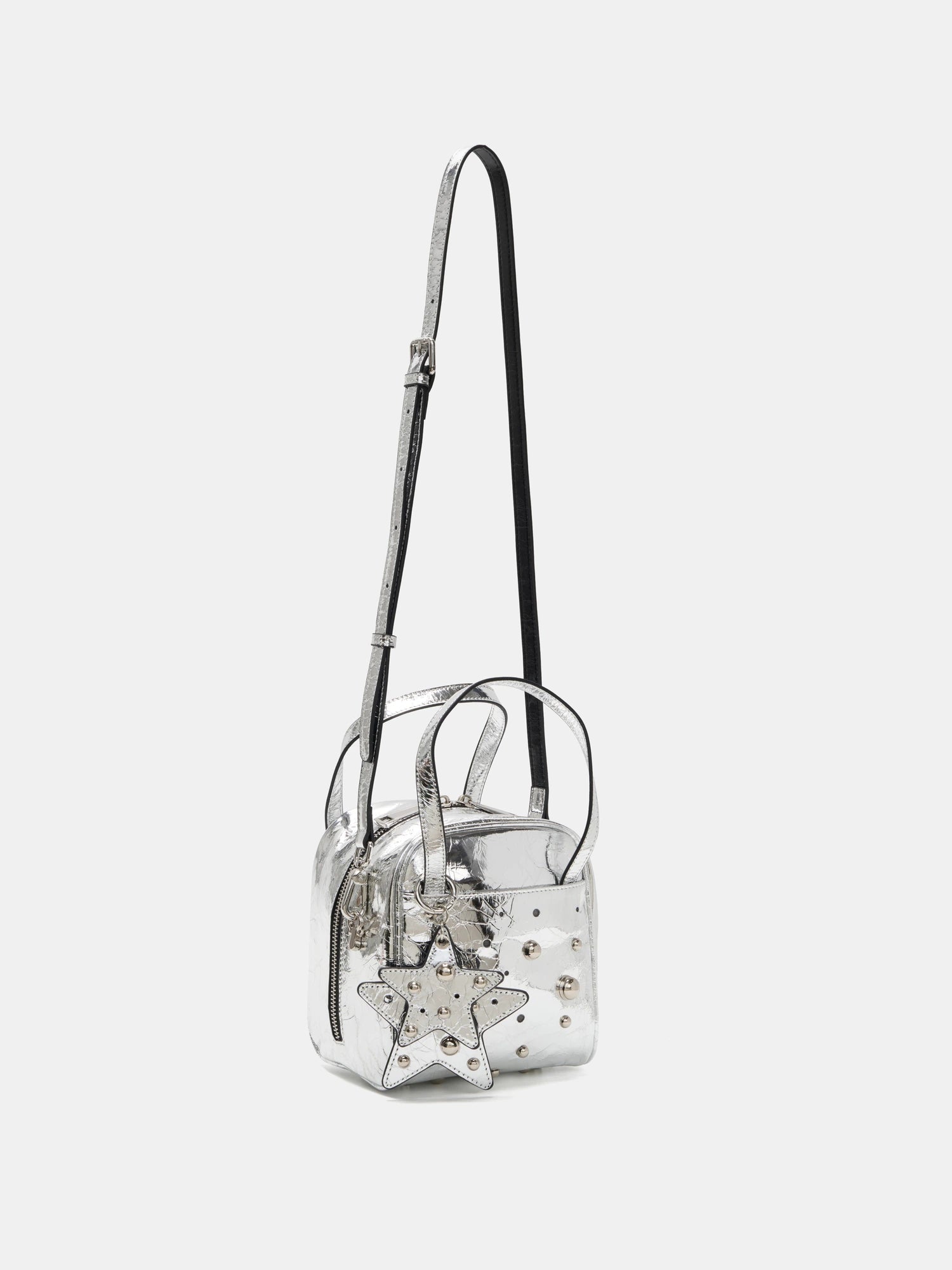 Silver studded cube bag with adjustable crossbody strap