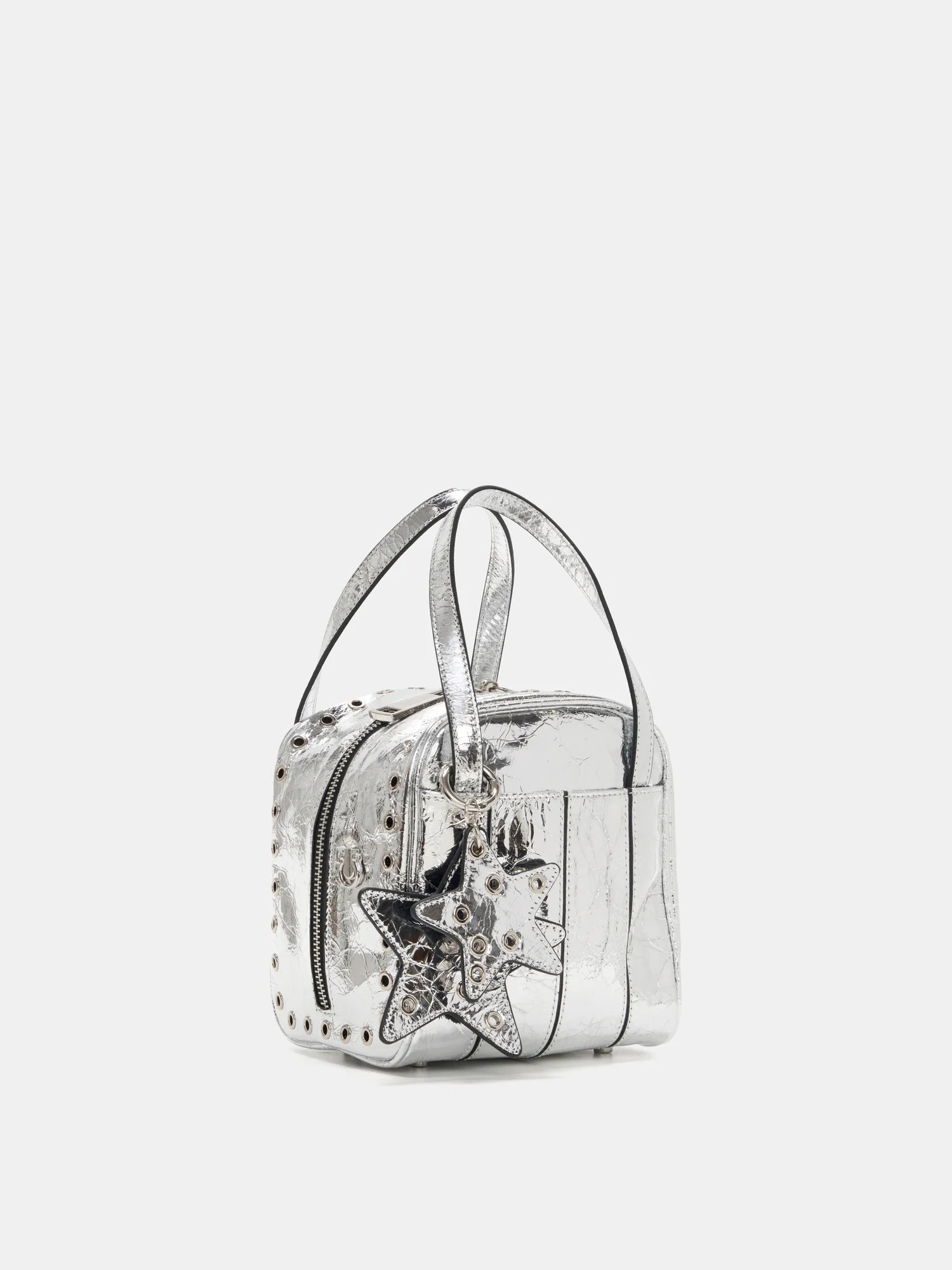 Metallic silver grommet cube bag three-quarter front view