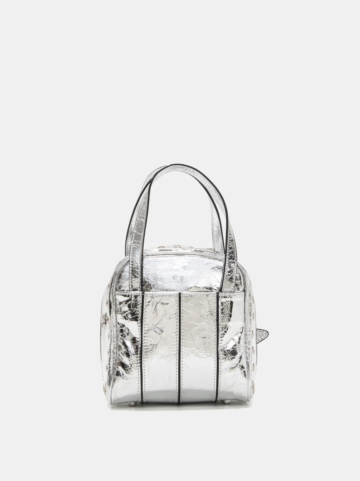 Metallic silver grommet cube bag rear view with vertical leather bands