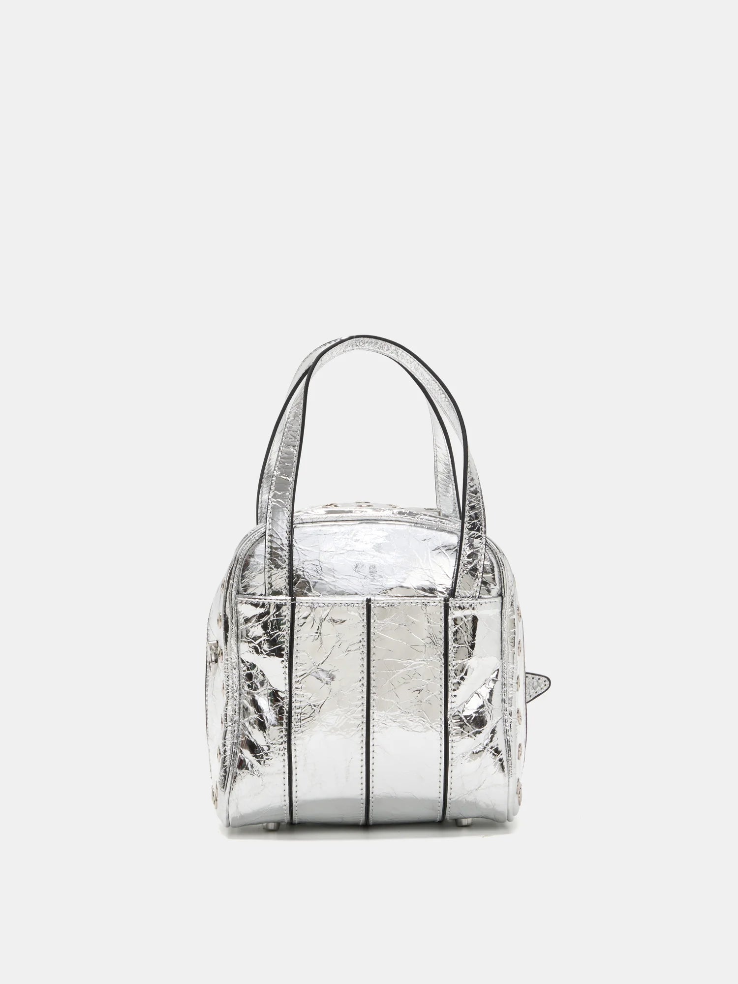 Metallic silver grommet cube bag rear view with vertical leather bands