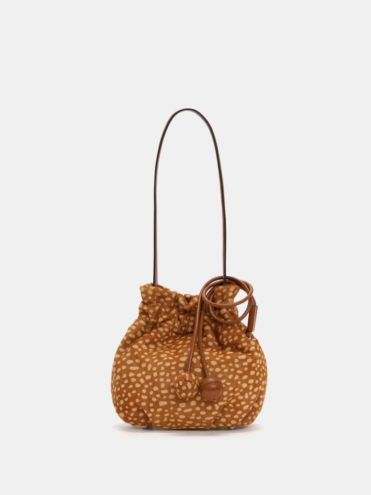 Front view of fawn-spotted drawstring bag with matching printed and smooth brown spheres