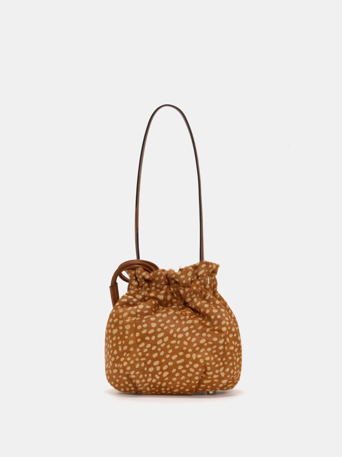Back view of fawn-spotted shoulder bag with rounded panels and gathered opening