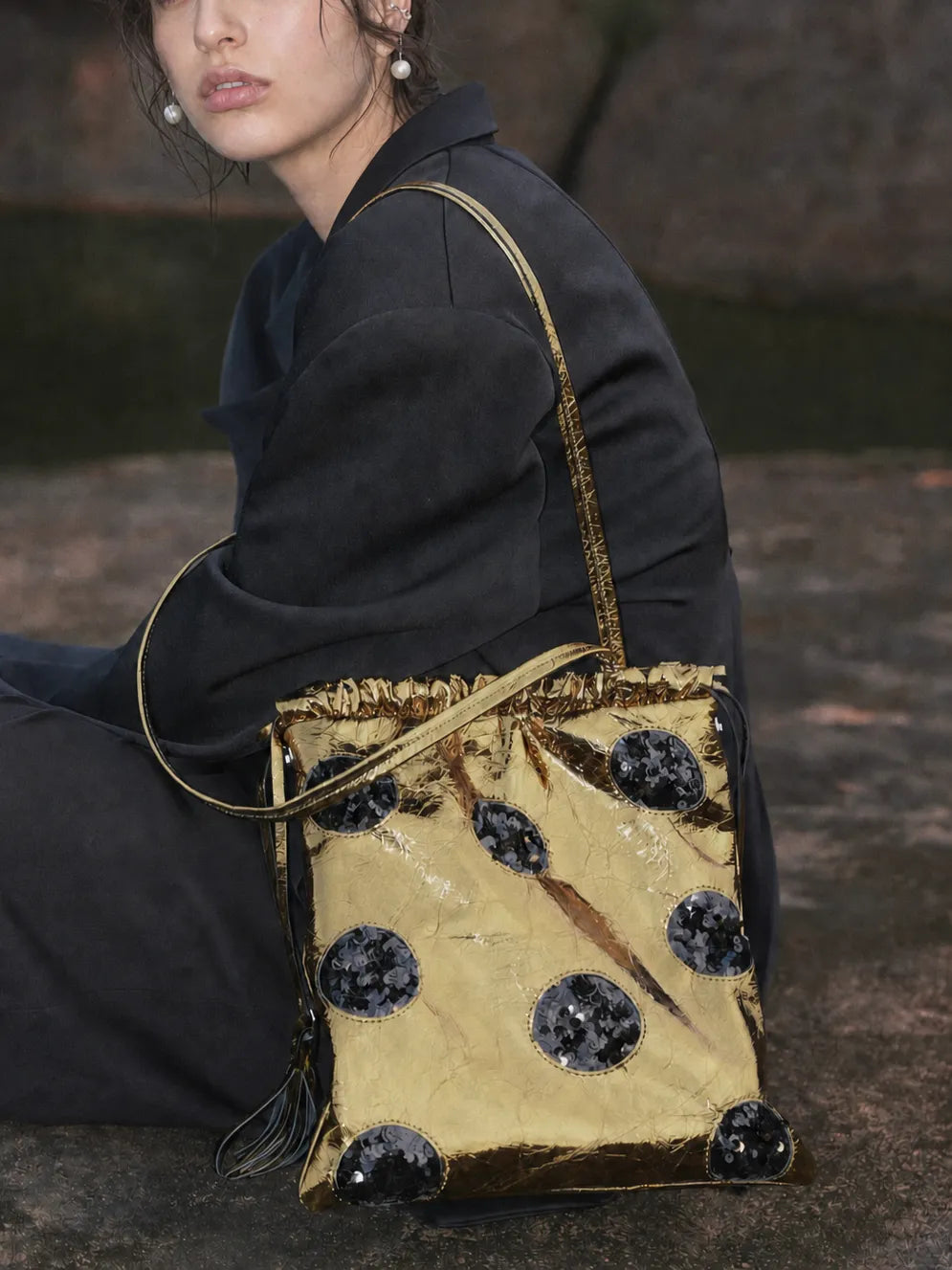 The Kinetic Ruched Sequin & Tassel Tote - Molten Gold