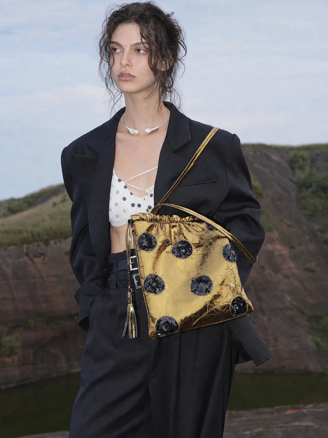 The Kinetic Ruched Sequin & Tassel Tote - Molten Gold