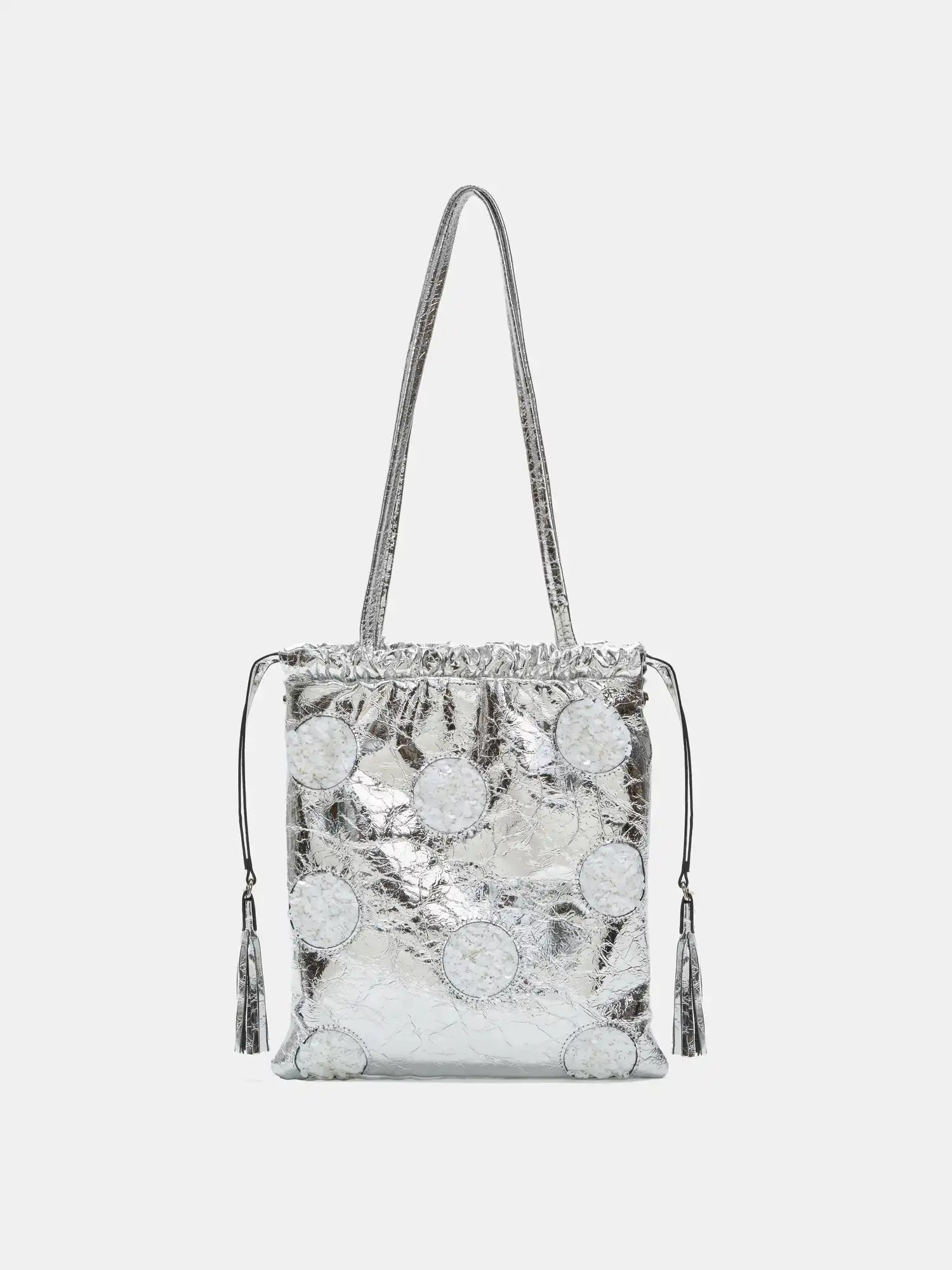 The Kinetic Ruched Sequin & Tassel Tote - Liquid Silver