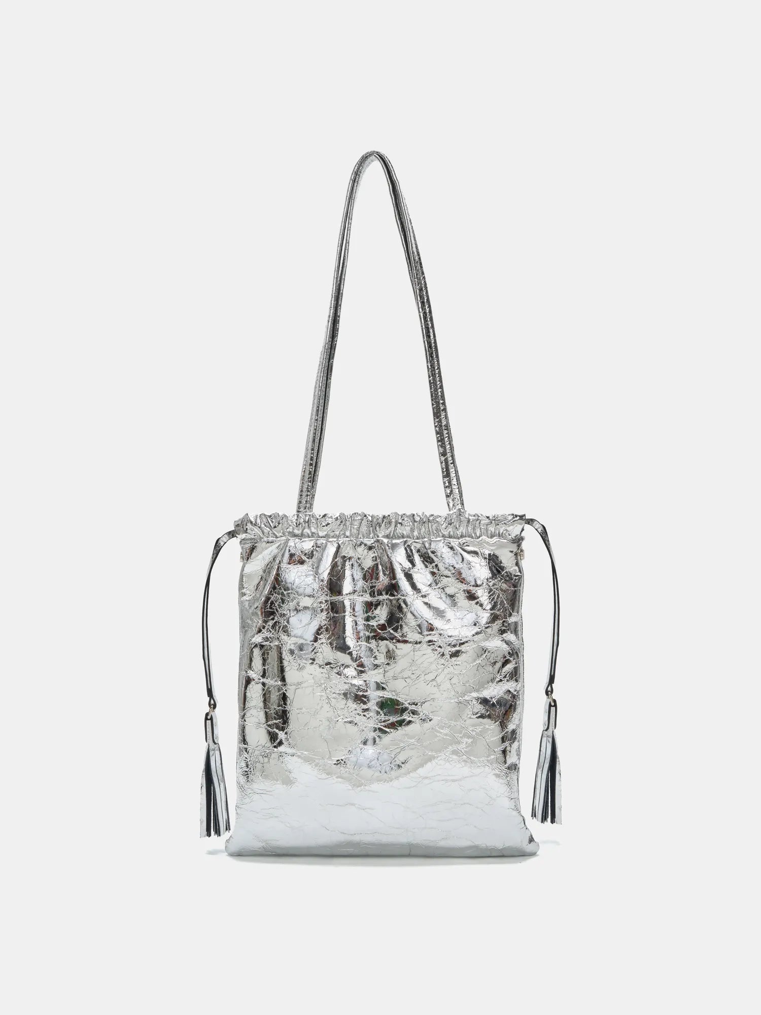 The Kinetic Ruched Sequin & Tassel Tote - Liquid Silver