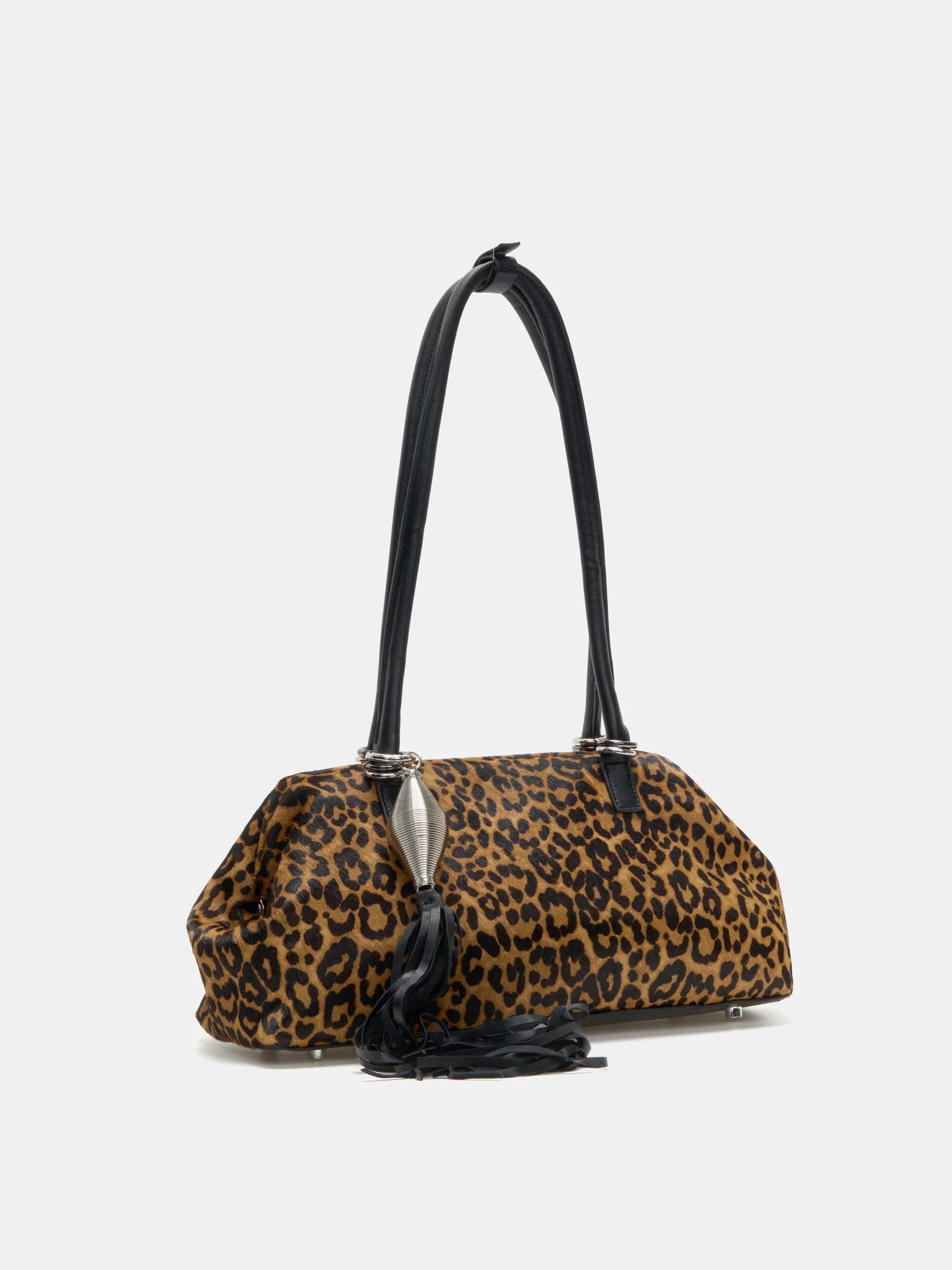 Leopard hair-on shoulder bag three-quarter front view with silver tassel