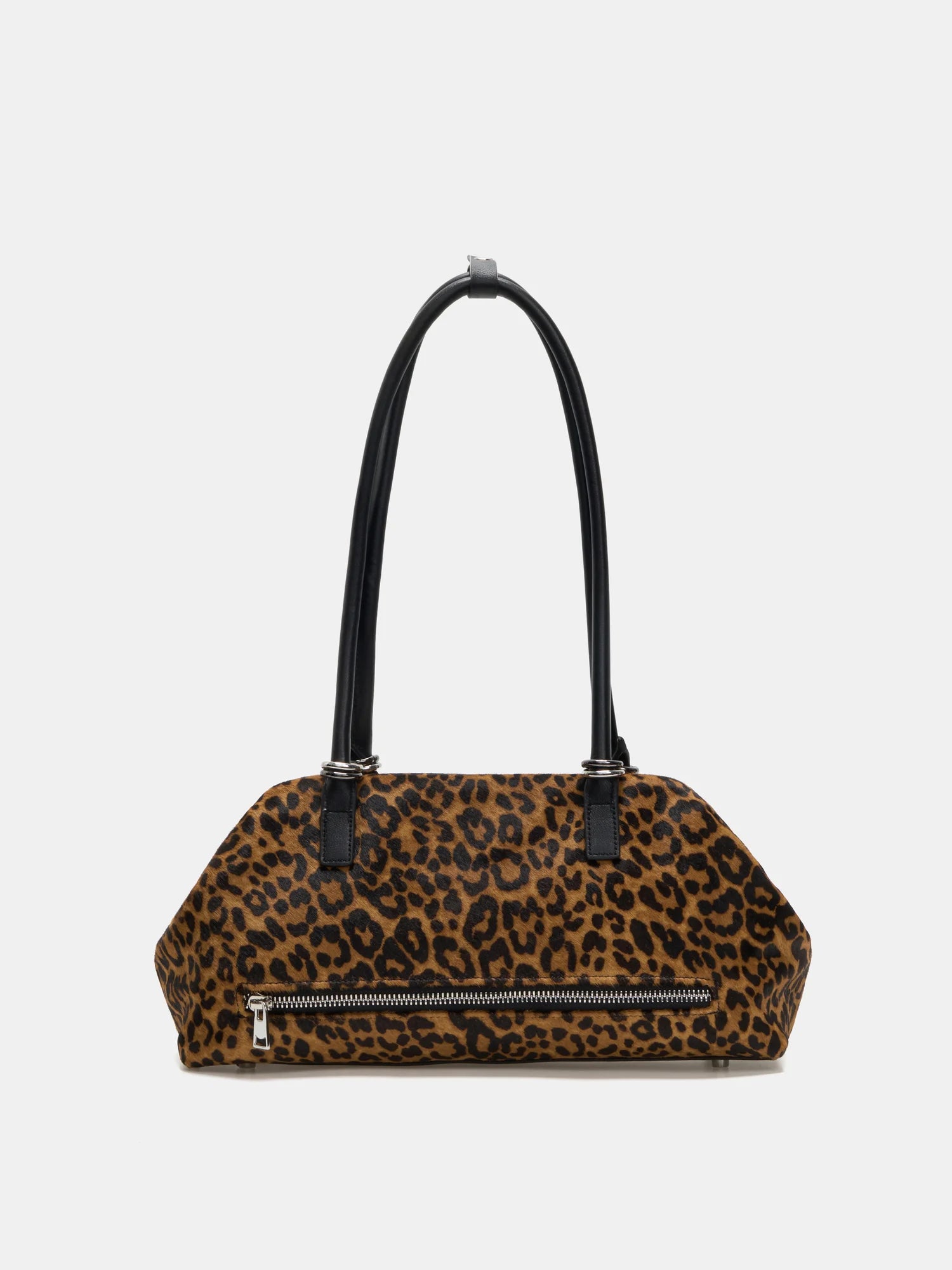 Large leopard frame shoulder bag rear view with exterior zip pocket