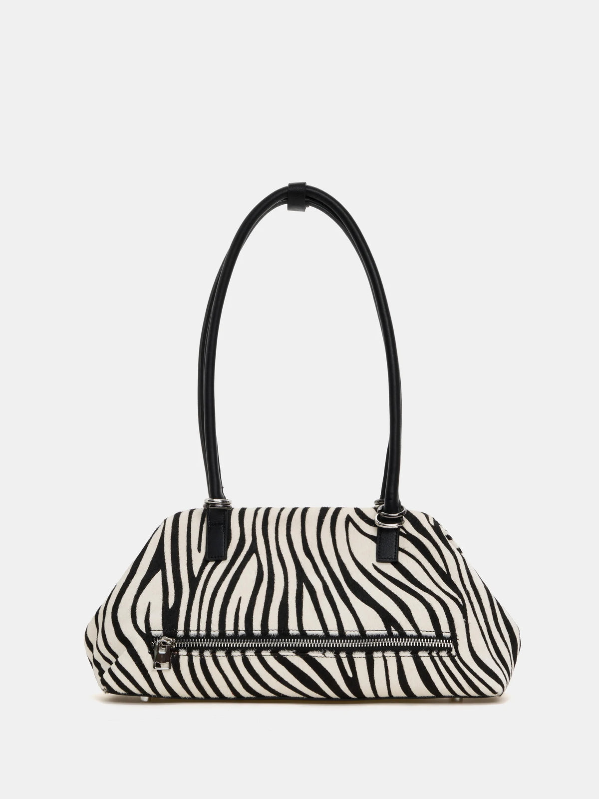 Large zebra frame shoulder bag rear view with exterior zip pocket