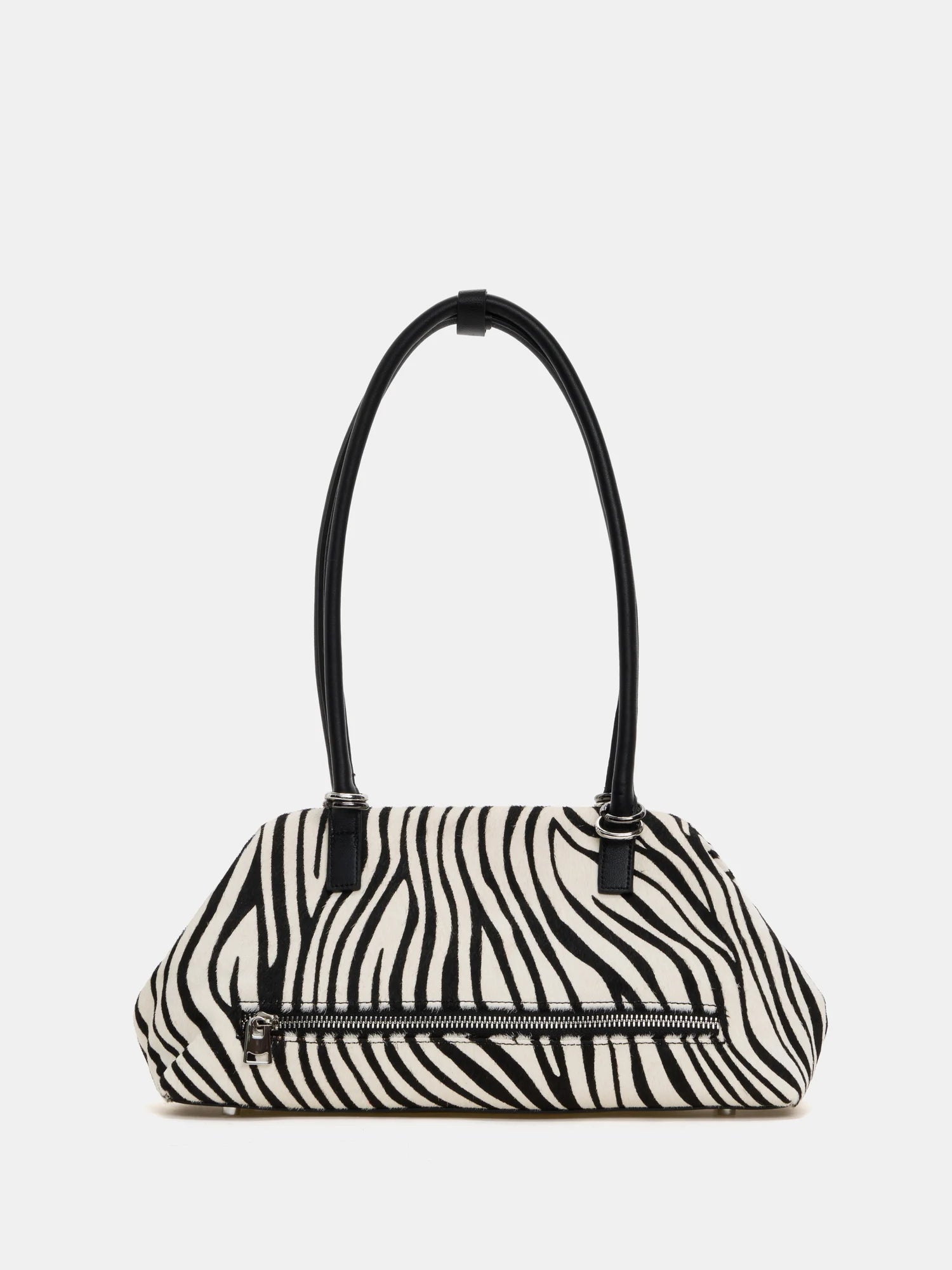 Large zebra frame shoulder bag rear view with exterior zip pocket