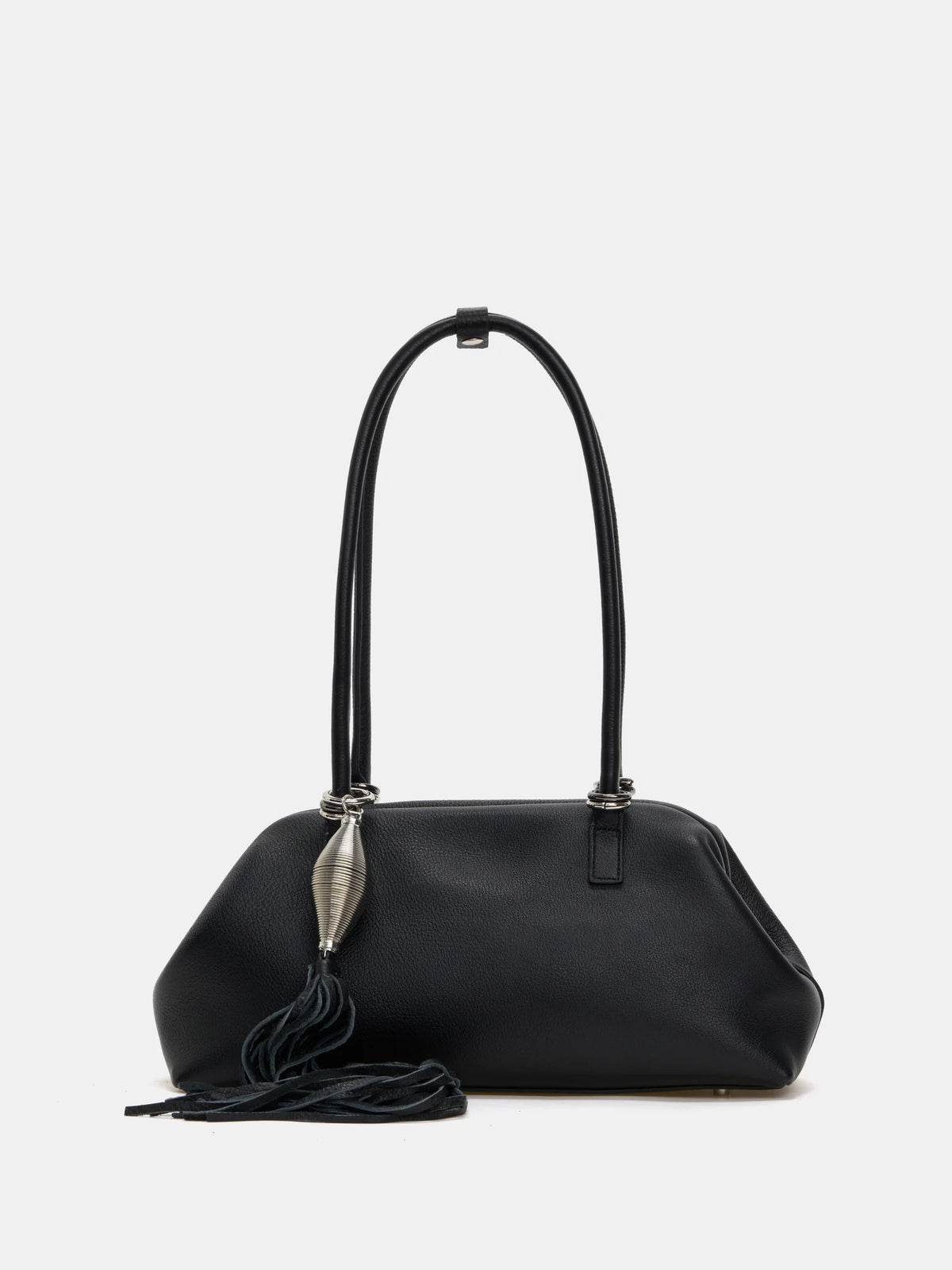 Large black fine-grain leather frame shoulder bag front view with silver tassel