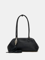 Large black fine-grain leather frame shoulder bag front view with silver tassel