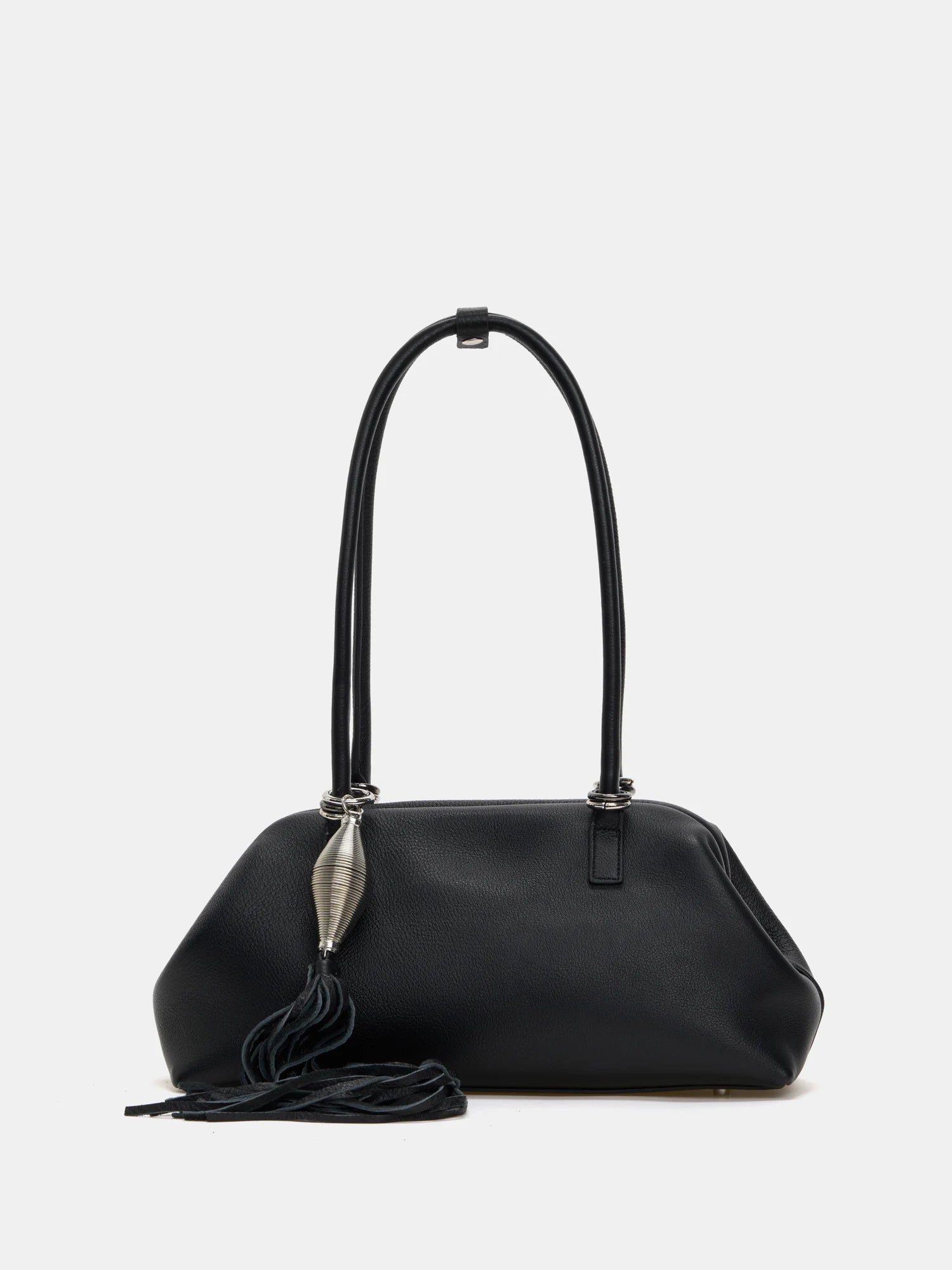 Large black fine-grain leather frame shoulder bag front view with silver tassel