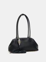 Black fine-grain frame shoulder bag three-quarter front view