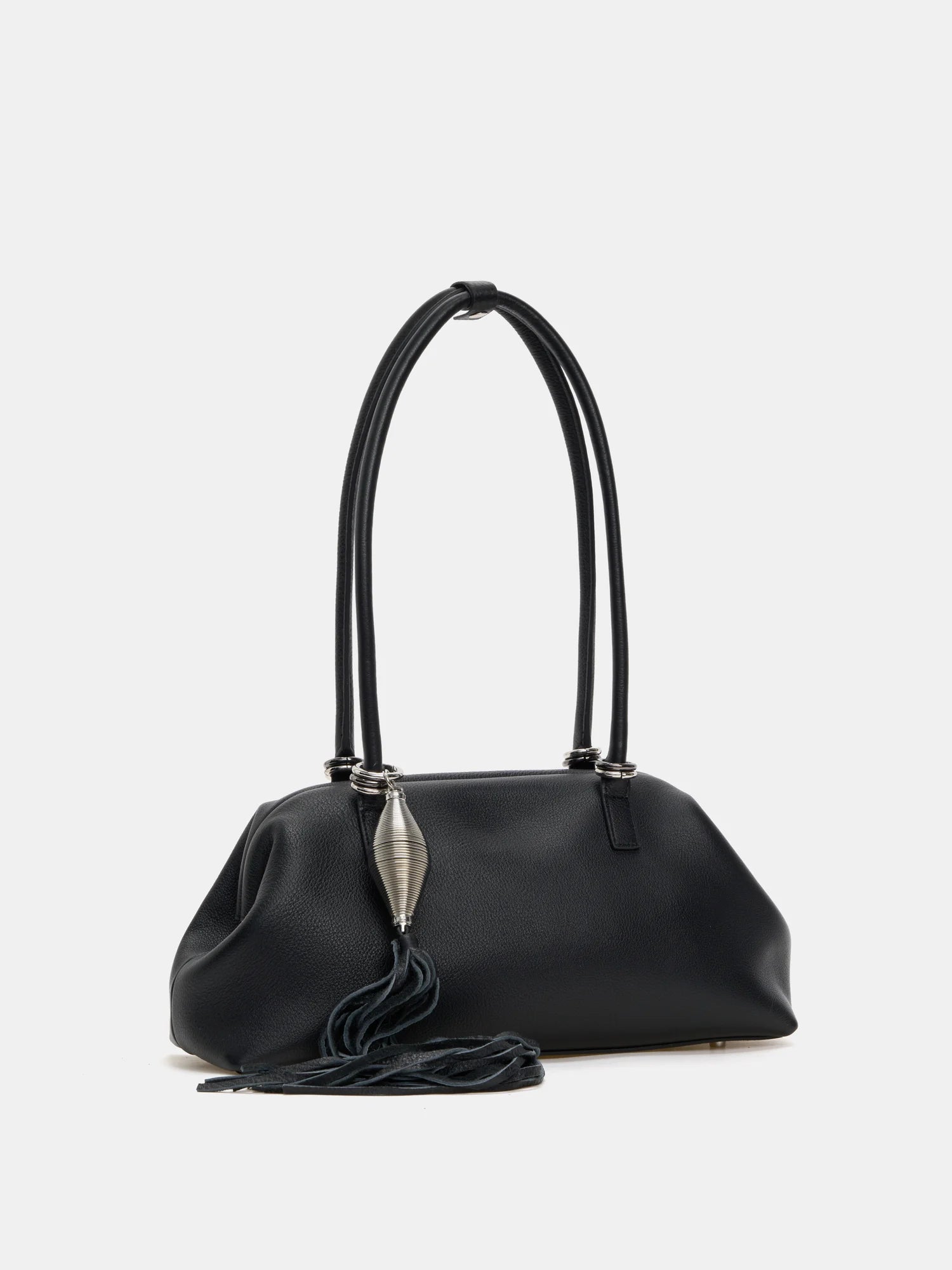 Black fine-grain frame shoulder bag three-quarter front view