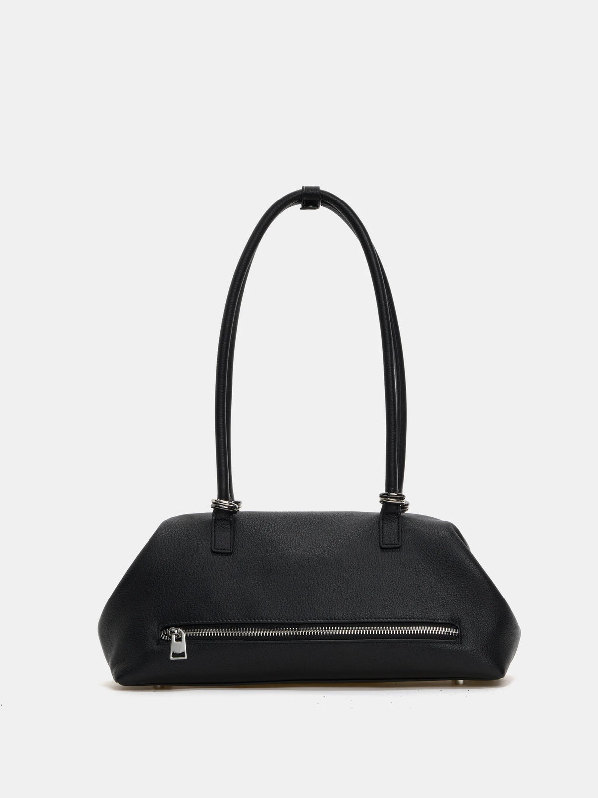 Large black frame shoulder bag rear view with exterior zip pocket