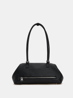 Large black frame shoulder bag rear view with exterior zip pocket