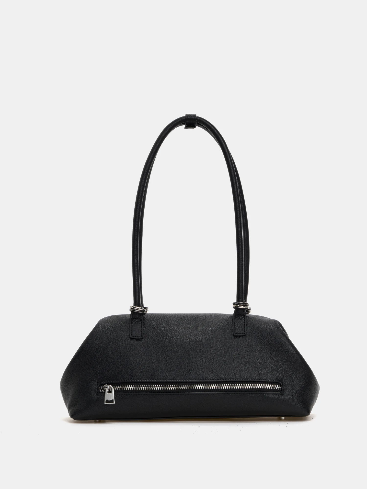 Large black frame shoulder bag rear view with exterior zip pocket