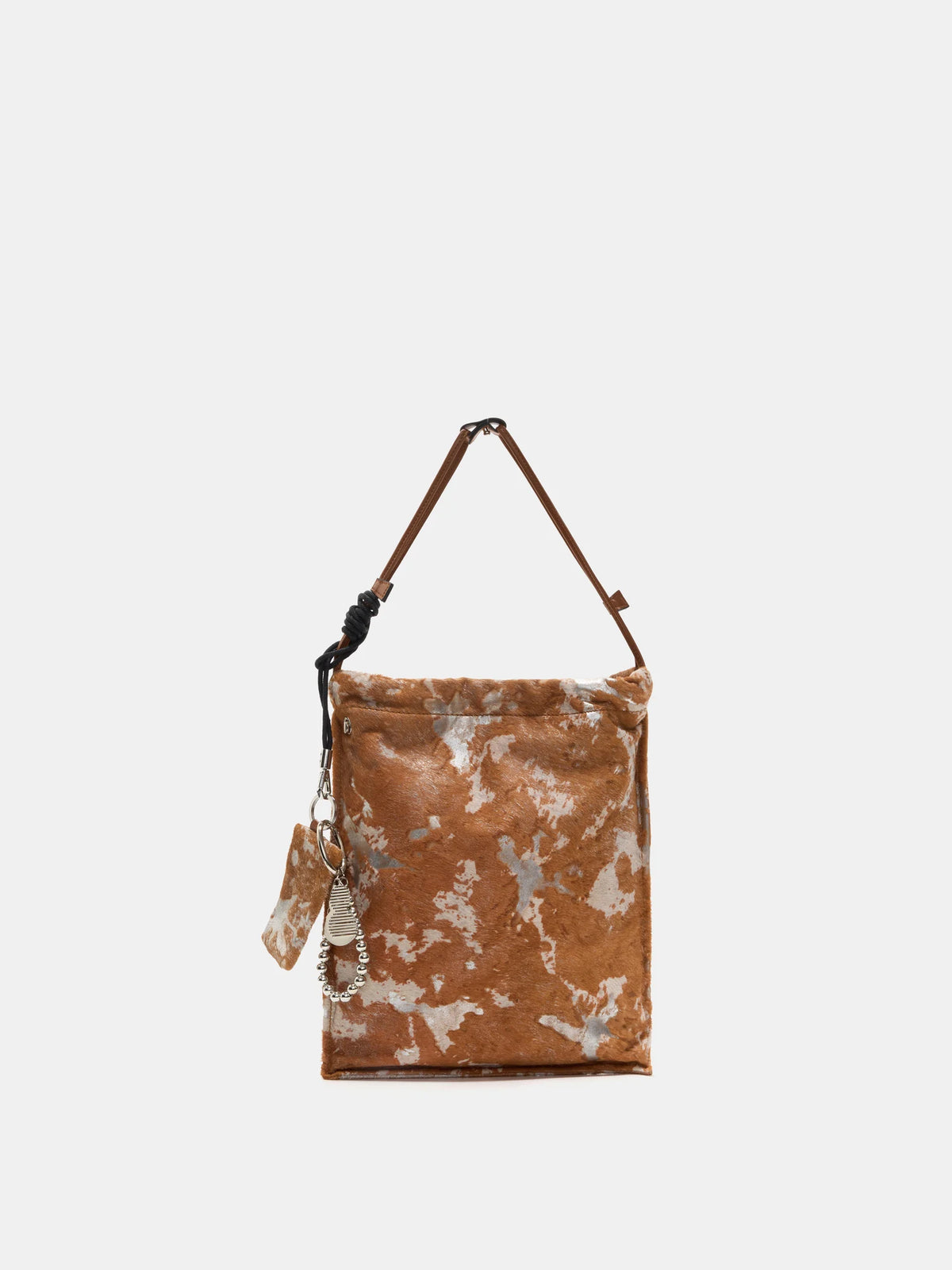 Gilded Caramel hair-on bucket bag with short handles, matching pouch, and silver-tone accents