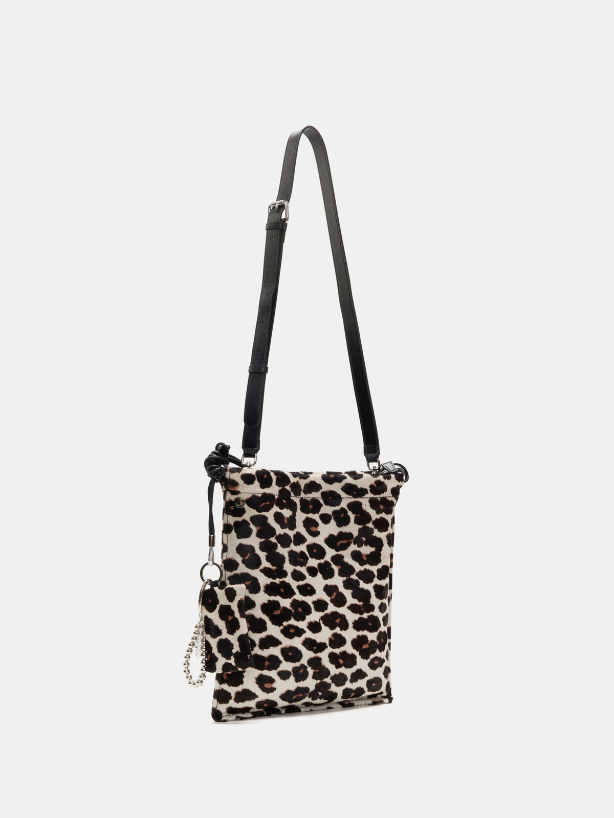 Light Beige Leopard bucket bag with adjustable black leather long strap attached
