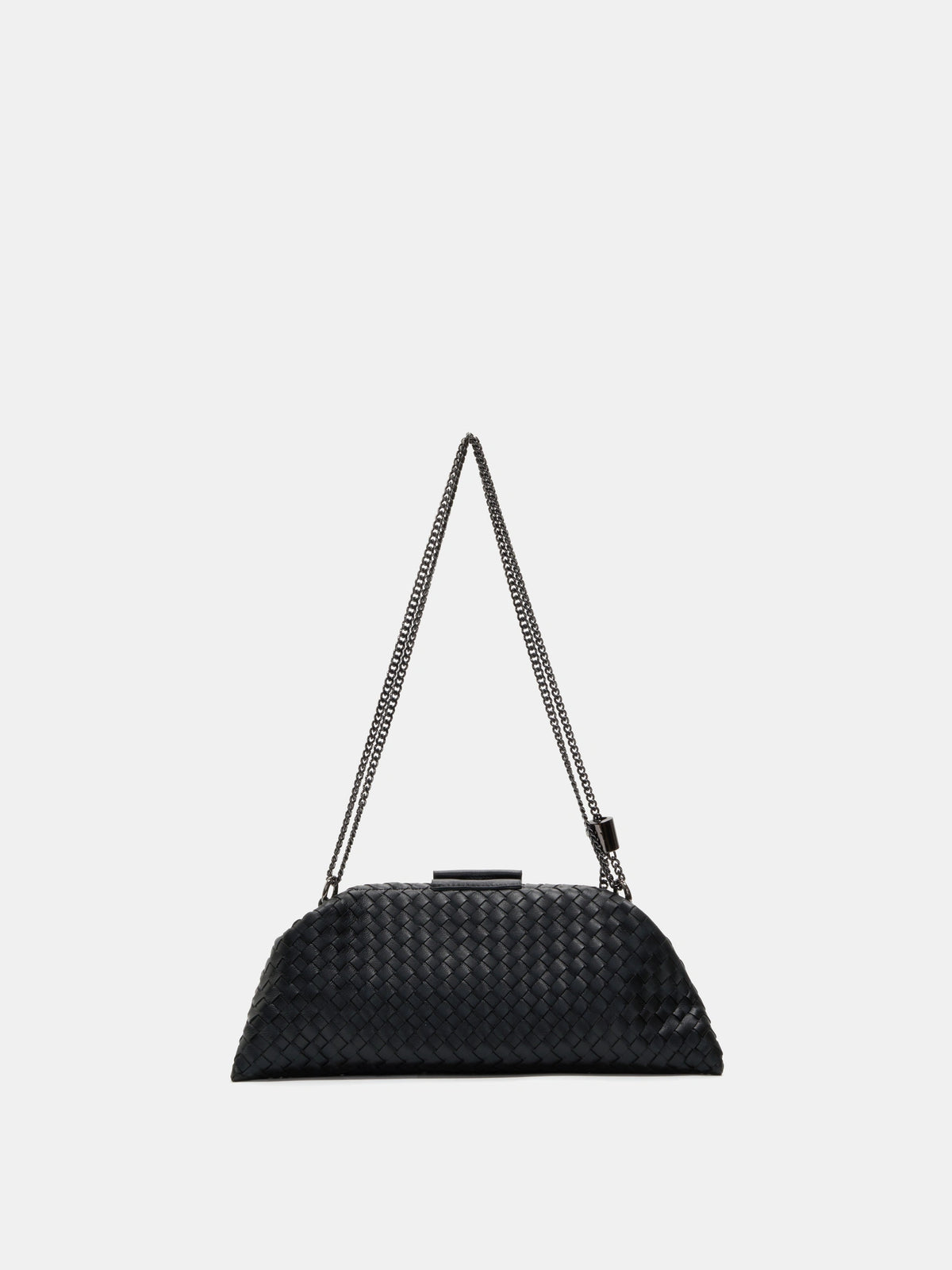 Black Weave handwoven sheepskin chain baguette bag back view showing the long, low silhouette
