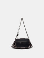 Burgundy Croc cowhide chain baguette bag opened to show the framed opening and fabric-lined interior