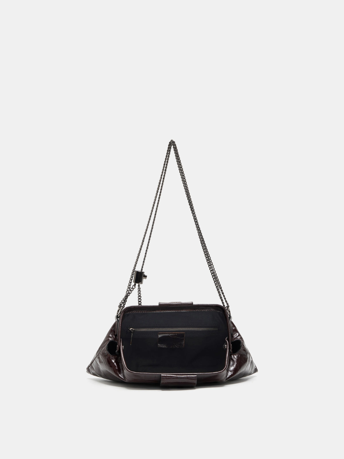 Burgundy Croc cowhide chain baguette bag opened to show the framed opening and fabric-lined interior