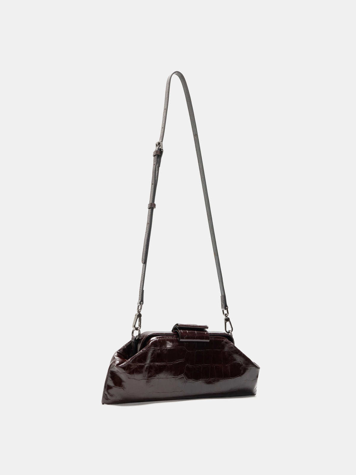 Burgundy Croc cowhide chain baguette bag with the detachable adjustable leather crossbody strap
