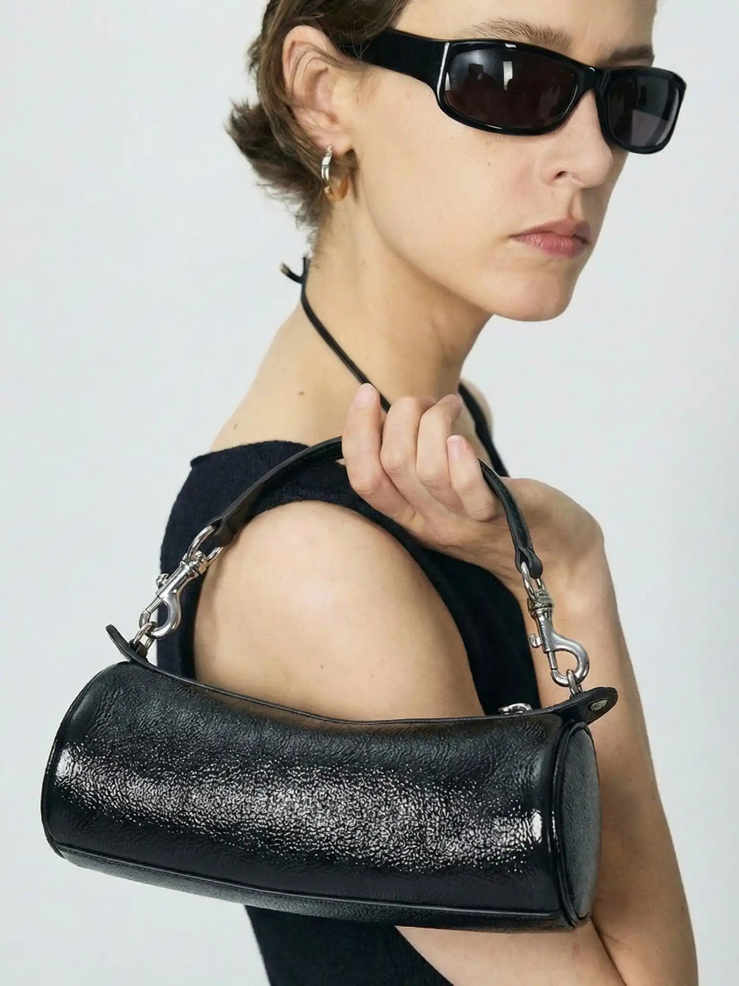 The Cyber-Mech East-West Barrel Bag · Silk Black Sheepskin