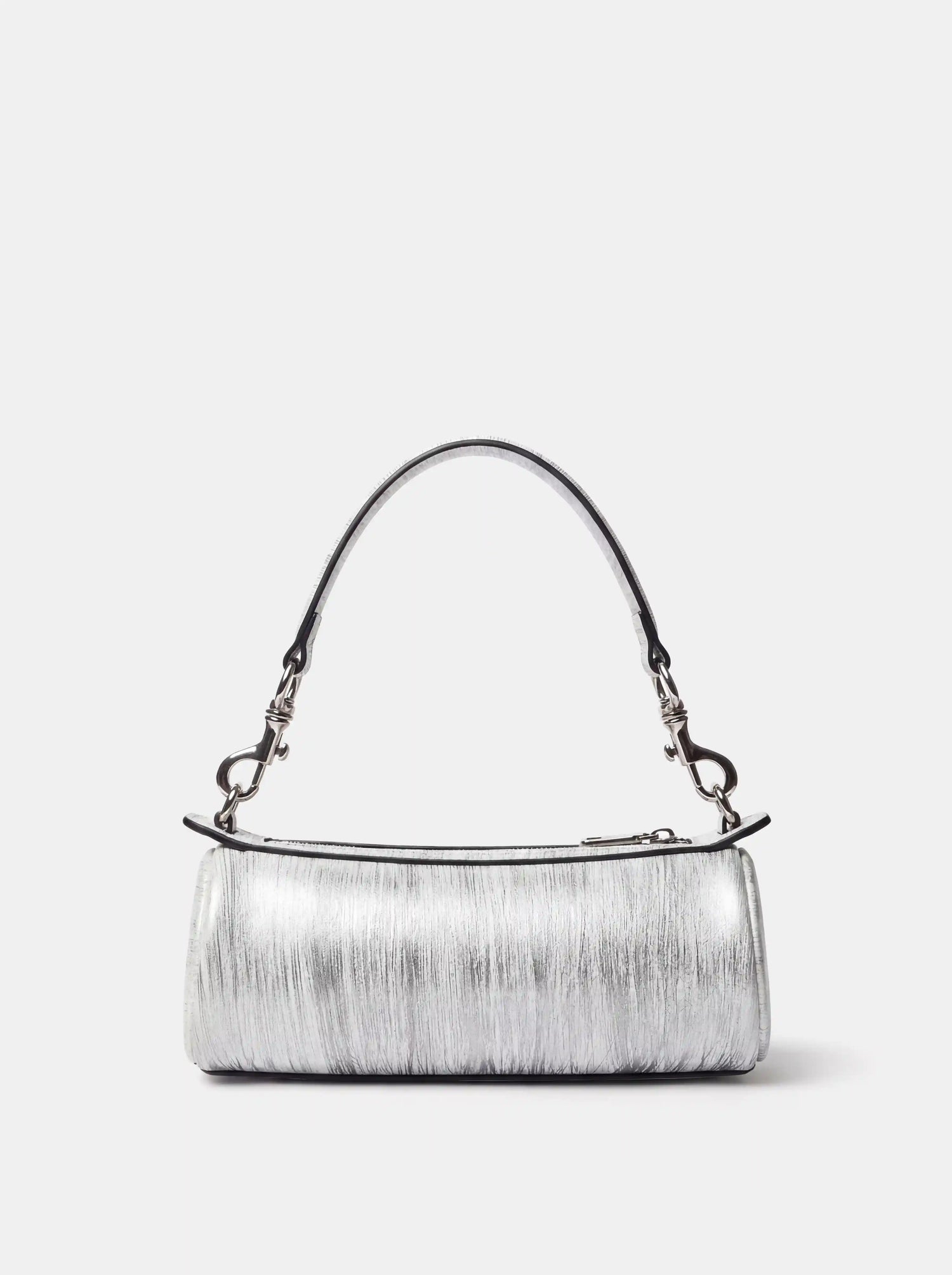 The Cyber-Mech East-West Barrel Bag · Bright Silver Sheepskin