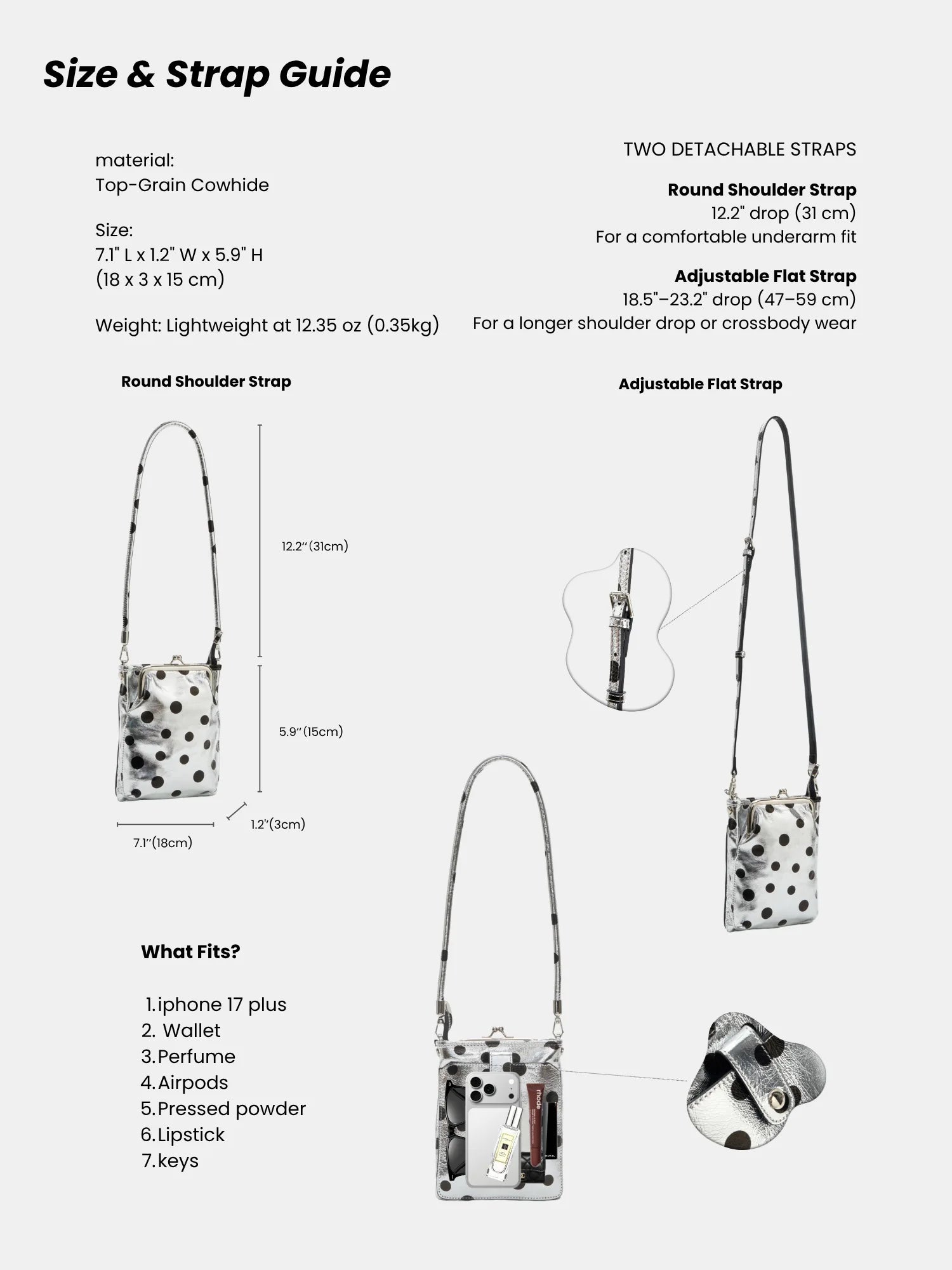 A size and strap guide infographic for a cowhide shoulder bag with a white and black polka dot pattern. The graphic includes product specifications, dimension diagrams for the round shoulder strap and adjustable flat strap, a 'What fits?' compatibility list, and a small product photo showing the bag in use.
